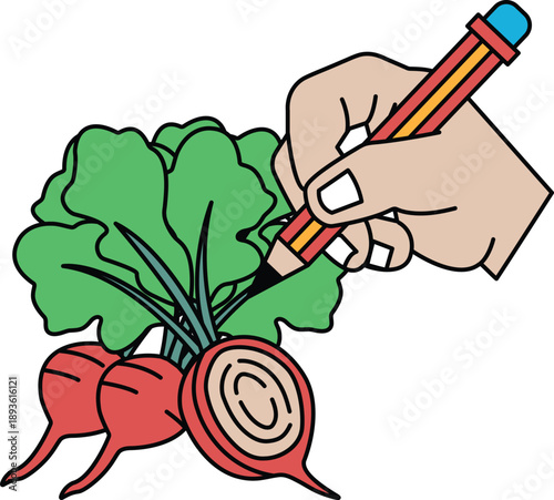 A hand is drawing a picture of a carrot and a radish