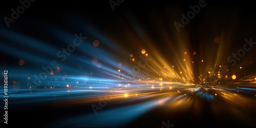 Radiant light streams in blue and gold, with floating bokeh against a dark background