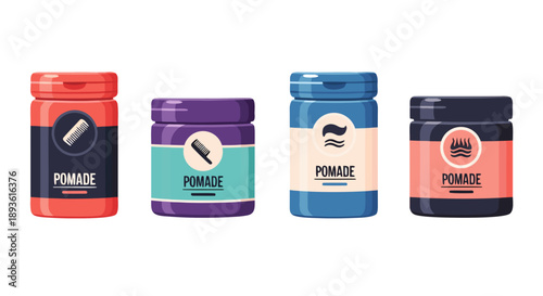 Collection of four colorful hair pomade containers designed for various styling product choices
