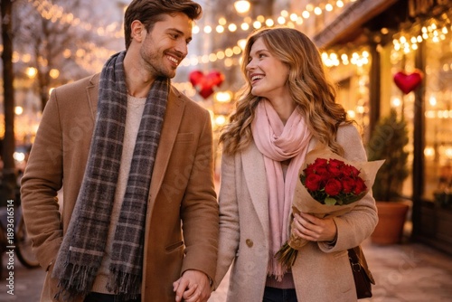Wallpaper Mural Young man and woman walking together outdoors, smiling and holding a bouquet of red roses with decorative lights in the background. Torontodigital.ca
