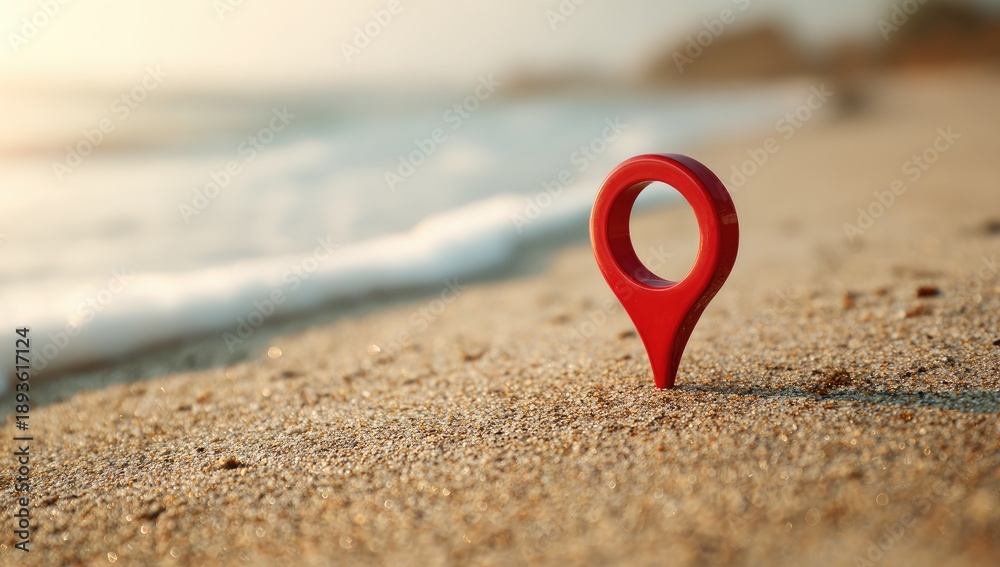 Obraz premium Red map pin on sandy beach with gentle waves
