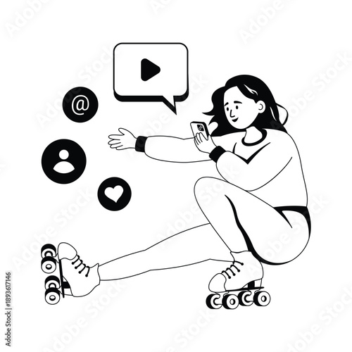 Creatively designed illustration of woman using mobile during roller skating