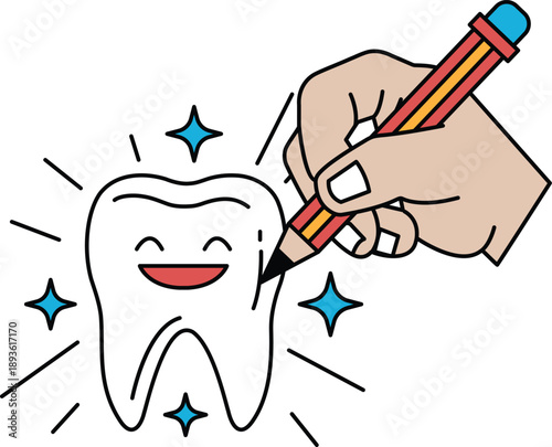 A cartoon drawing of a tooth with a pencil on it