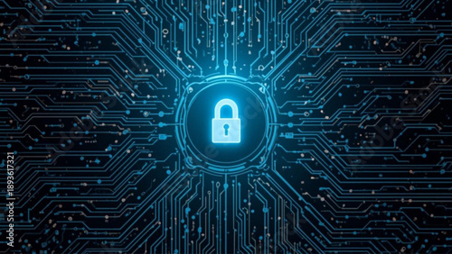 Secure digital circuit board with glowing lock icon