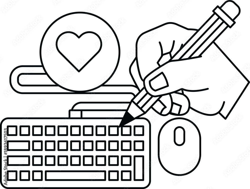 Fototapeta premium A hand is writing on a keyboard with a pencil