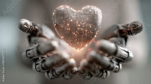 Future valentine's day. robot hand heart circuit metal future valentine technology love cyber robotic hand hold glowing metal circuit heart symbol future valentine hope and gentle innovation