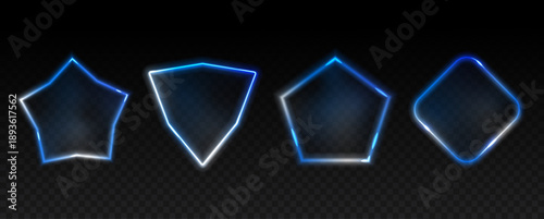 Futuristic glass frames glow with electric blue gradients across translucent hexagons and circles. Soft reflections add realistic depth. Suitable for game UI and banner designs.