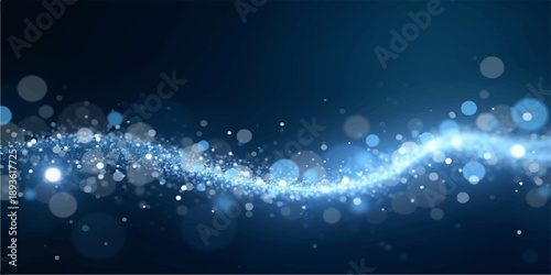 Abstract blue background with bubbles and glowing snowflakes creates a magic winter night design featuring holiday glitter particles and xmas star patterns