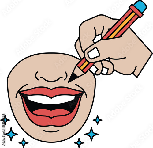 A cartoon drawing of a smiling face with a pencil on it