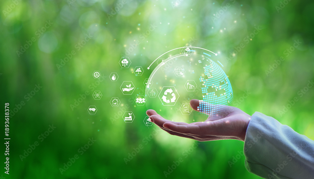 Obraz premium Businesswomen holding world and icon to Organization Sustainable development environmental. business responsible environmental,