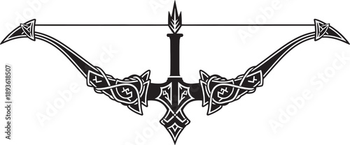 Black and white sketched bow with intricate Celtic knot and arrowheads