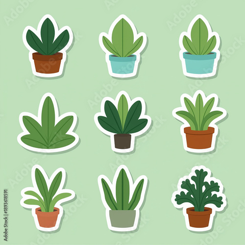 Potted Plants: a collection of vibrant potted plants, each showcasing a unique design, arranged in an organized grid and presented in sticker style. 