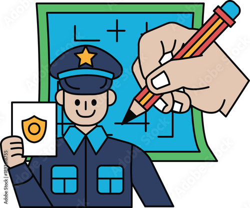 A man in a blue uniform holding a badge and a pencil