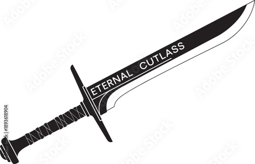 Black and white sketched cutlass sword with text eternal cutlass on blade