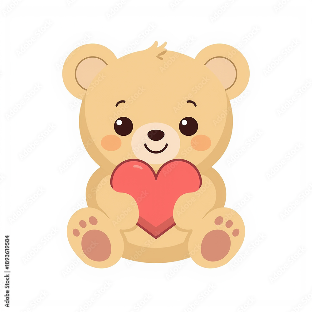 Obraz premium Teddy Bear Holding Heart: A charming cartoon teddy bear cuddles a vibrant red heart, conveying a message of love, care and affection. 