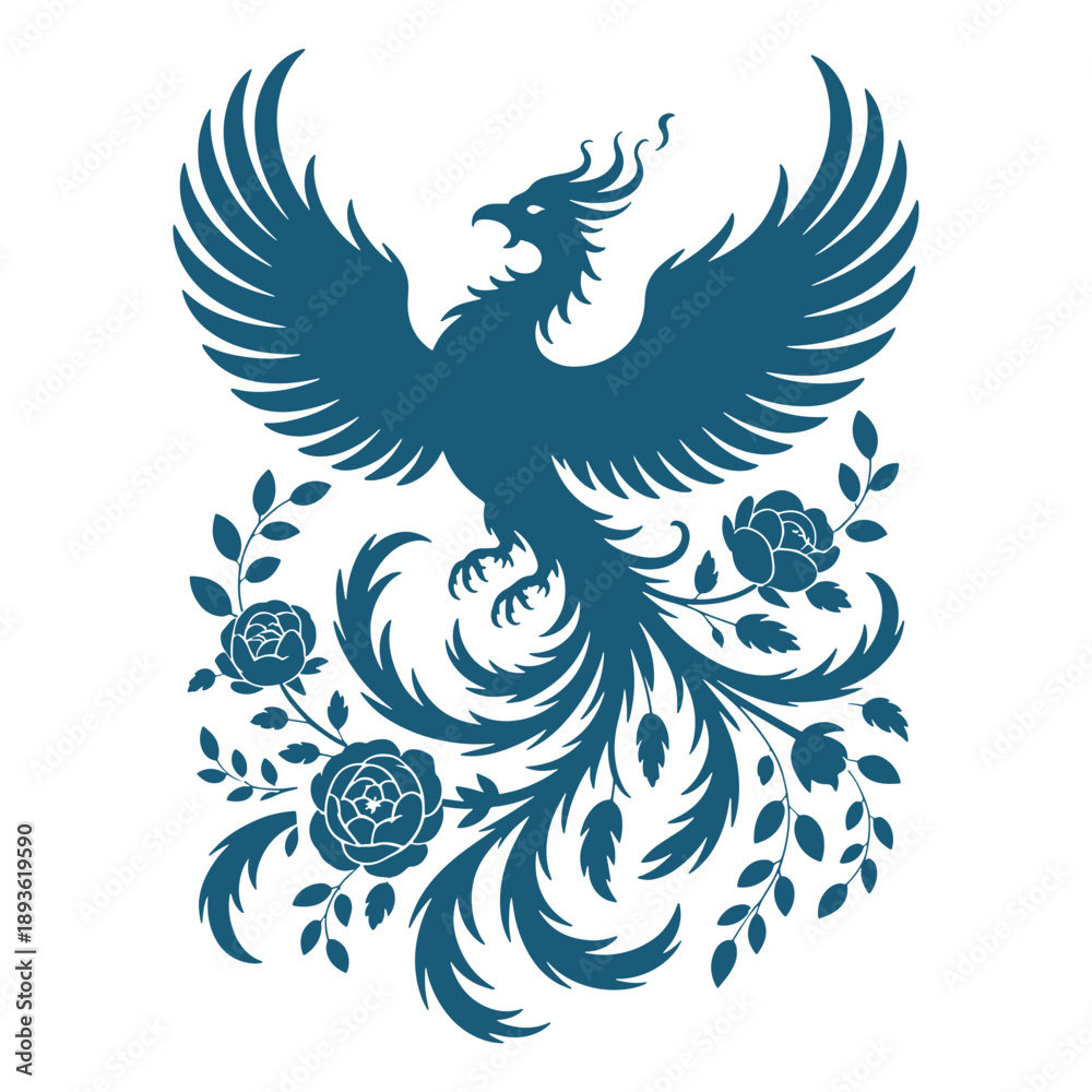 Fototapeta premium Decorative Phoenix with Floral Elements Illustration