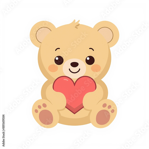 Teddy Bear Holding Heart: A charming cartoon teddy bear cuddles a vibrant red heart, conveying a message of love, care and affection. 