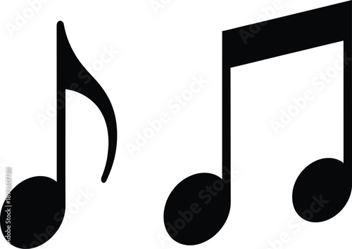 Iconic black musical notes, including an eighth note and a beamed pair, representing sound, rhythm, and melody