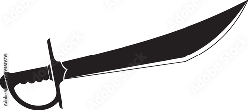 Black and White Sketched of a Curved Blade with a Distinctive Handle