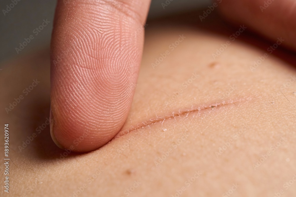 Fototapeta premium Human finger touching a superficial, reddish healing scar on fair skin in a macro close-up for dermatology and trauma recovery concept.