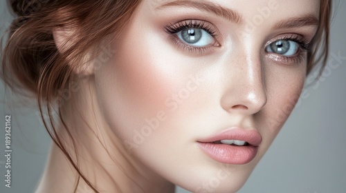 Close-up portrait of a young woman with flawless skin and elegant makeup