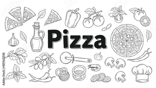 Delicious black and white outline illustration set featuring various pizza ingredients and tools
