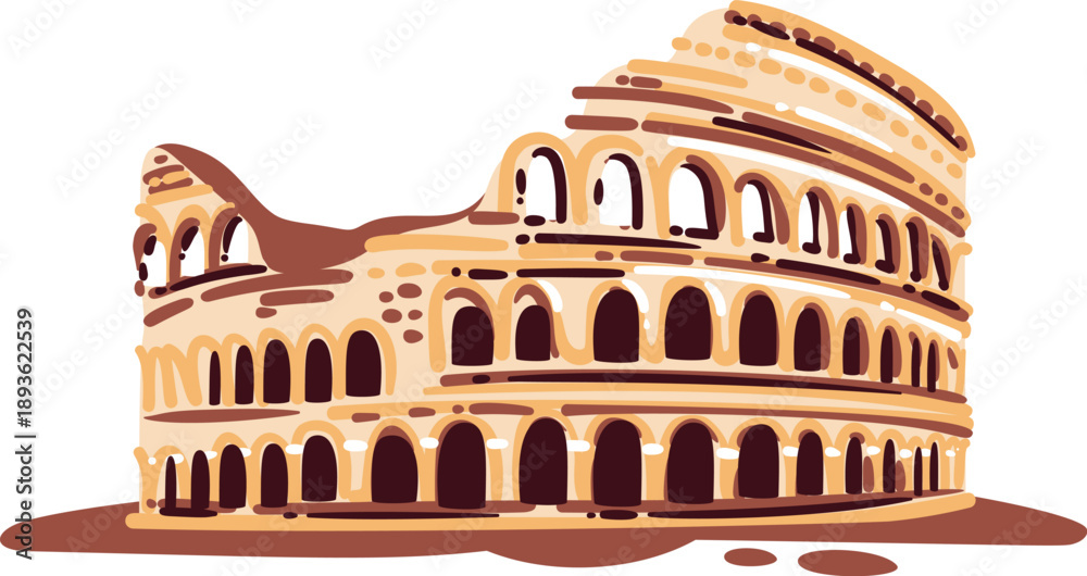 Naklejka premium Roman Colosseum landmark in Rome Italy. Ancient amphitheater with arches, stone facade, historic structure, hand drawn style. Colosseum travel icon, cartoon vector illustration.