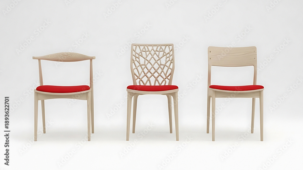 Fototapeta premium Three modern wooden chairs with red cushions stand in a row against a clean white background, showcasing their unique designs and craftsmanship.