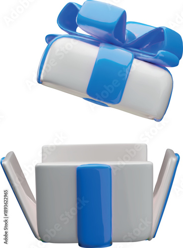 3D open white gift box with blue ribbon bow vector icon, realistic festive present surprise unbox package flying lid