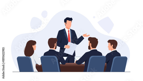 Business meeting: leader presents ideas to team in modern office interior