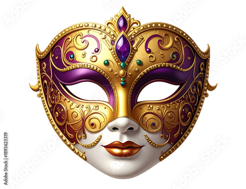 Elegant Venetian Carnival Mask with Gold Filigree, Front View, Mardi Gras Celebration, Isolated