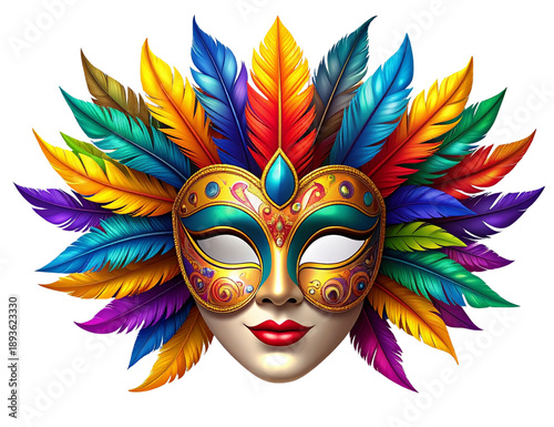 Brazil Carnival Feather Mask with Vibrant Colors, Dynamic Angle, Festival Concept, Isolated
