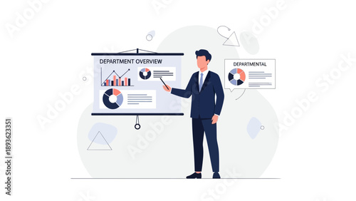 Business man presenting department overview with charts and graphs on whiteboard