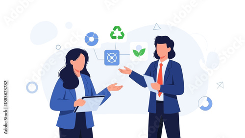 Business meeting discussing environmental sustainability and recycling concepts