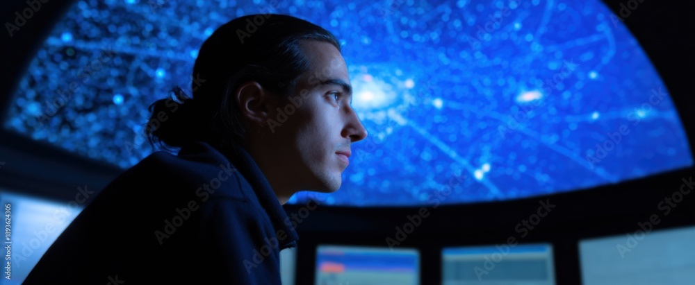 Fototapeta premium astrologer intently examining intricate data from an expansive telescope screen