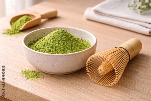 Wallpaper Mural Matcha green tea powder in ceramic bowl with bamboo whisk on wooden surface. Torontodigital.ca