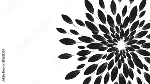 Abstract black and white illustration of leaves arranged in a radial circular pattern creating a floral or sunburst effect on a clean white background.
