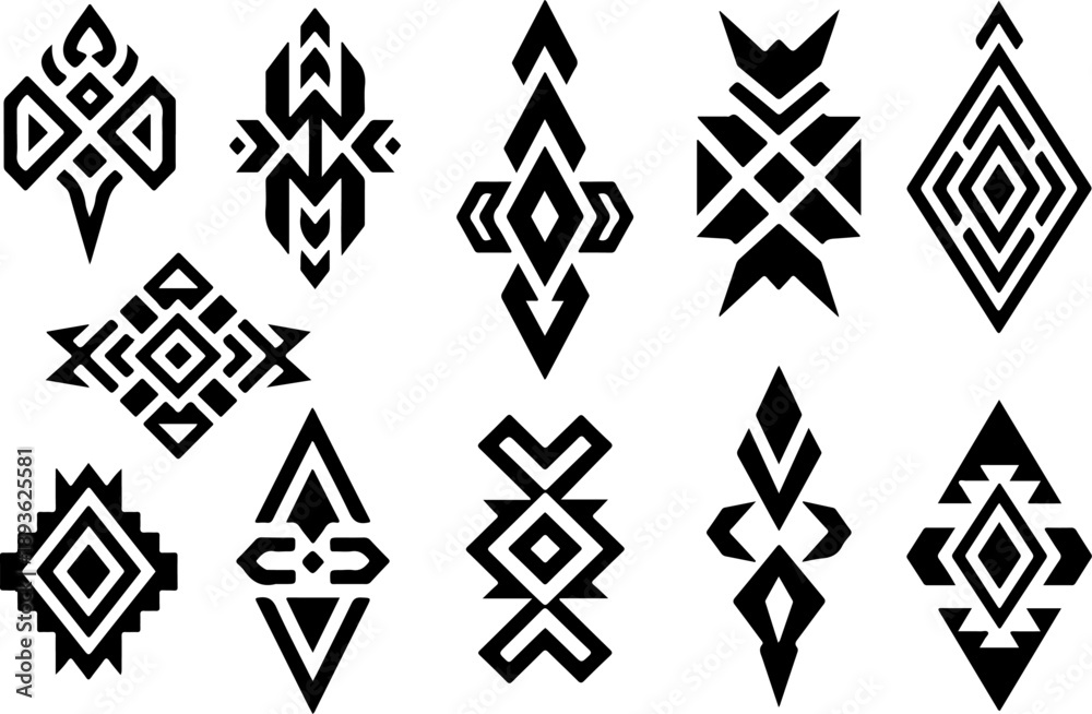 Fototapeta premium Tribal Spiral Tattoo Shapes Vector Set – Bold Black Polynesian Maori Style Symbols