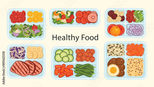 Variety of healthy meal prep containers filled with colorful vegetables fruits proteins and grains labeled with the text healthy food on a plain background.