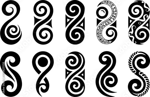 Tribal Spiral Tattoo Shapes Vector Set – Bold Black Polynesian Maori Style Symbols
