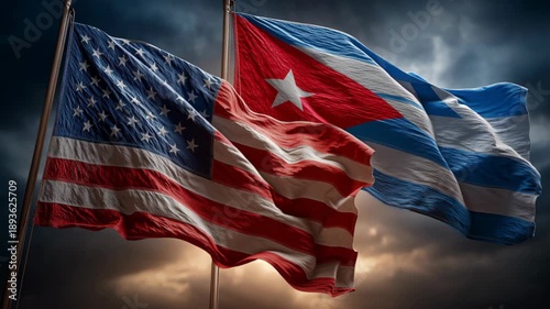 Cultural exchange event flags of cuba and usa outdoor setting photographic display historical significance