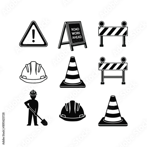 Construction worker digging with shovel next to roadwork sign
