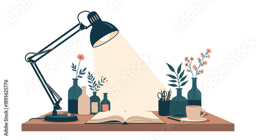 Cozy workspace setup showing a desk lamp illuminating an open book surrounded by vases of flowers, pencils, and a cup of coffee on a table.