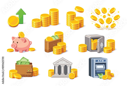Financial with Coins, Banking, Savings and Investment Concepts Vector Illustration Set
