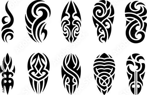 Tribal Spiral Tattoo Shapes Vector Set – Bold Black Polynesian Maori Style Symbols
