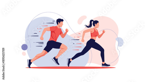 Side view of a man and woman running together in a clean graphic illustration representing partnership health wellness and mutual fitness goals.