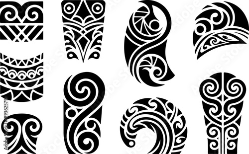 Tribal Spiral Tattoo Shapes Vector Set – Bold Black Polynesian Maori Style Symbols