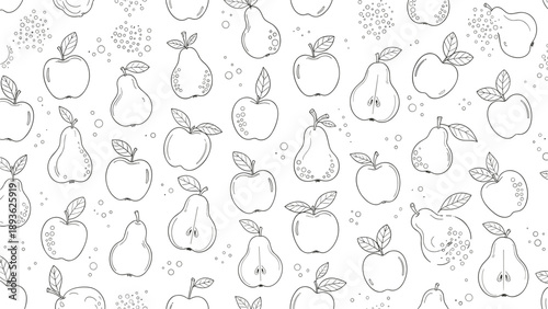 Detailed black and white seamless pattern of line art apples and pears in various orientations for coloring or textile design.