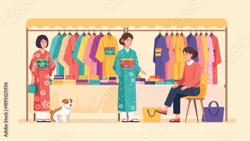 Diverse individuals peruse colorful kimonos at a vibrant market stall