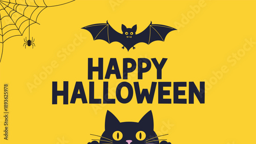 Spooky happy halloween greeting card design with a flying bat, a peeking black cat, and a spider web on yellow background.